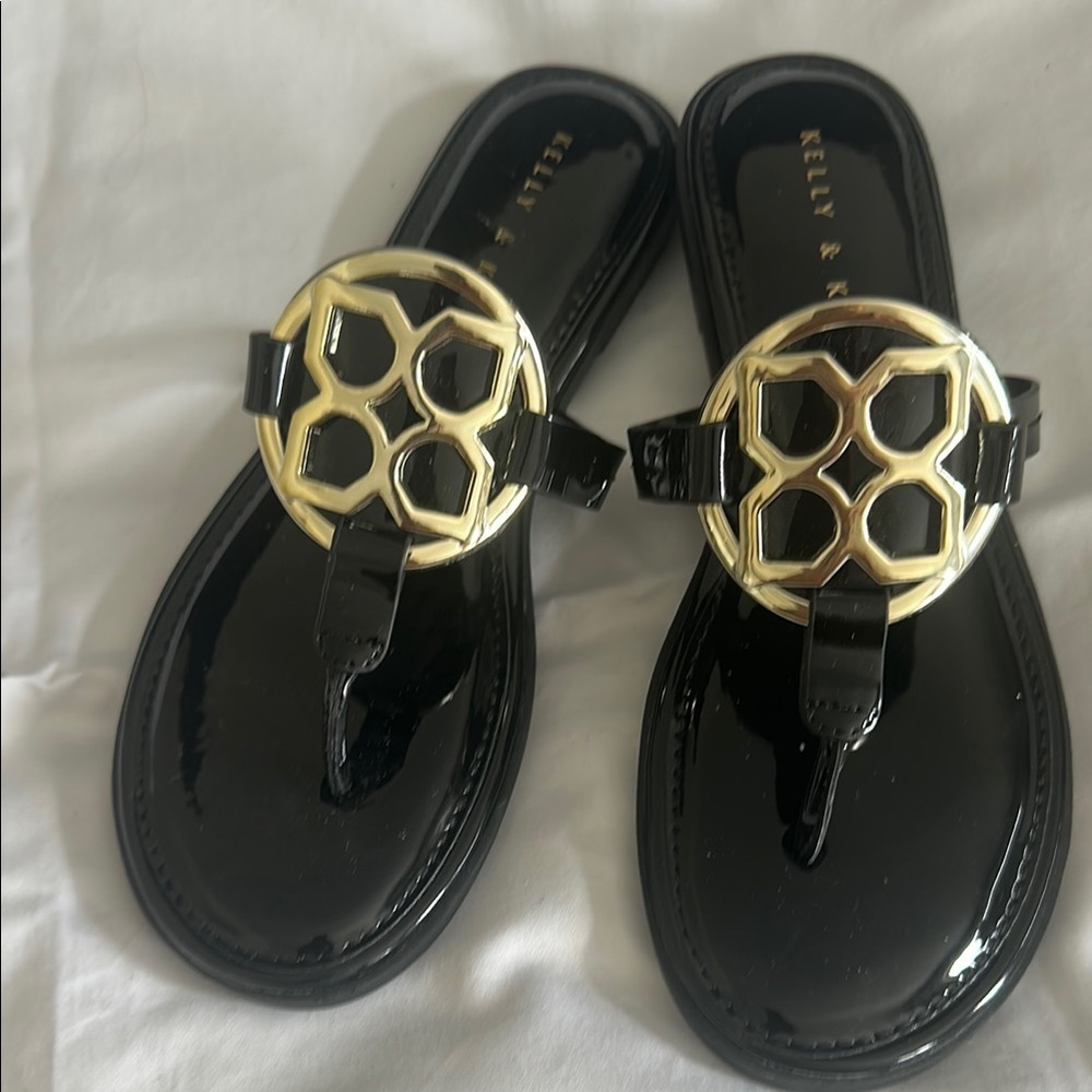 Black Patent Sandals with Gold Accent- Faux Tory Birch